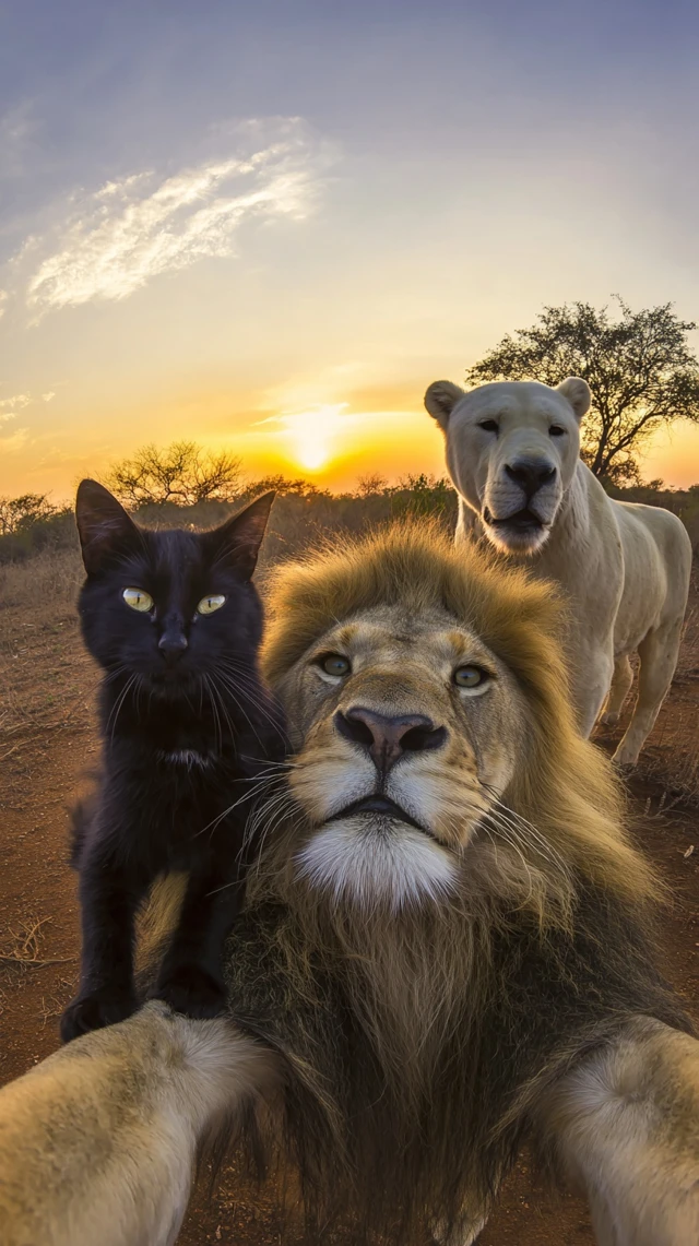 Wild Selfie Cat Lion and Polar Bear on the Savannah