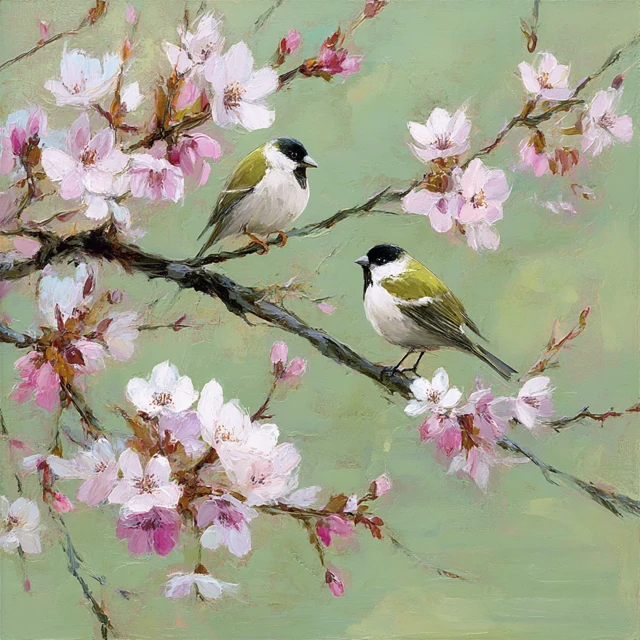 Birds and Cherry Blossoms Serene Artistic Painting