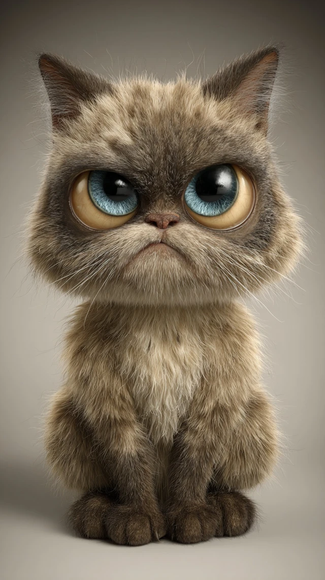 Grumpy Crunchy 3D Cat Portrait Hyperrealistic