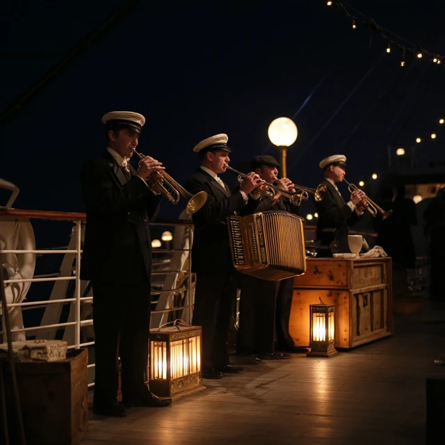 Titanic Orchestra: Musicians on Deck at Night