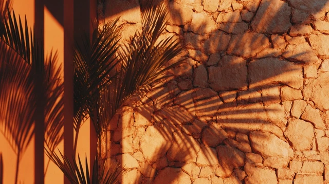Golden Hour Palm Shadows on Stone Wall