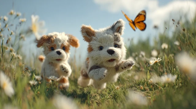 Stuffed Puppy Puppies Chasing a Butterfly 3D Animation