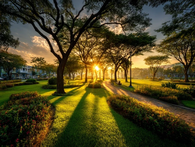 Beautiful Park at Sunset Green Grass and Trees
