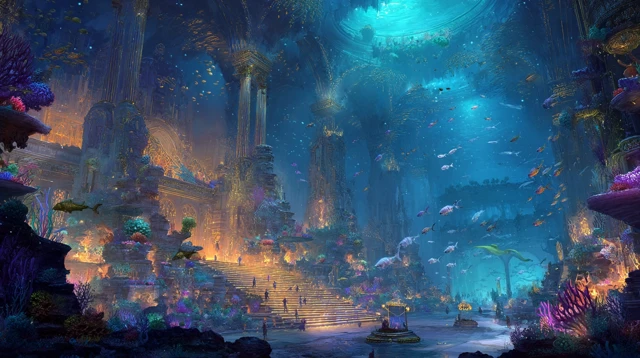 Fantasy Undersea City Glowing Coral Ruins