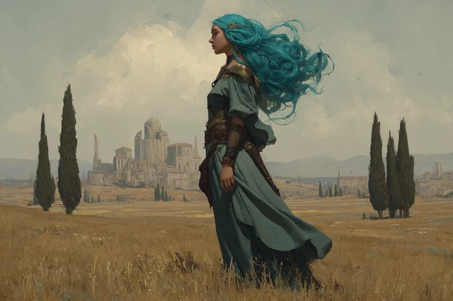 Woman with Teal Hair in a Wheat Field