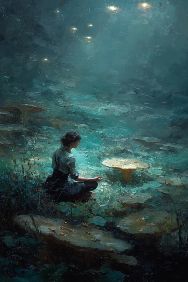 Mystical Oil Painting Woman Meditating Jungle UFOs