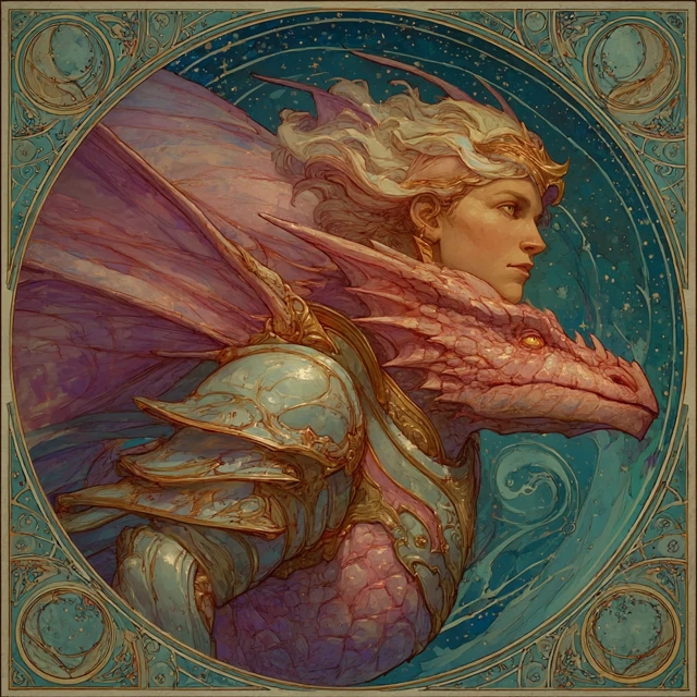 Art Nouveau Celestial Dragon Rider Fantasy Illustration