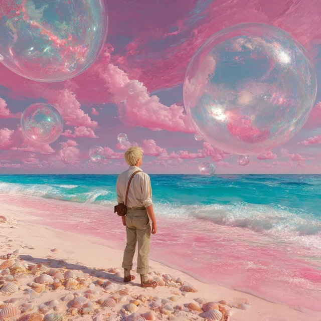Dreamy Beach Scene Anime Boy Bubbles Rockets