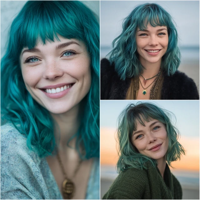 Woman with Teal Hair in Various Poses and Outfits