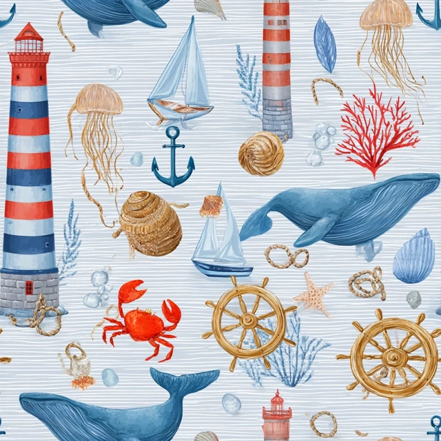 Nautical Seamless Pattern Watercolor Illustration