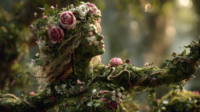 Nature Spirit Woman in a Forest Blossoming with Life