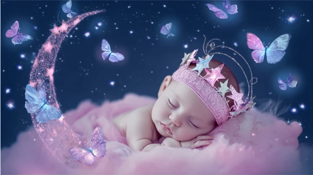 Sleeping Baby In Dreamland With Butterflies