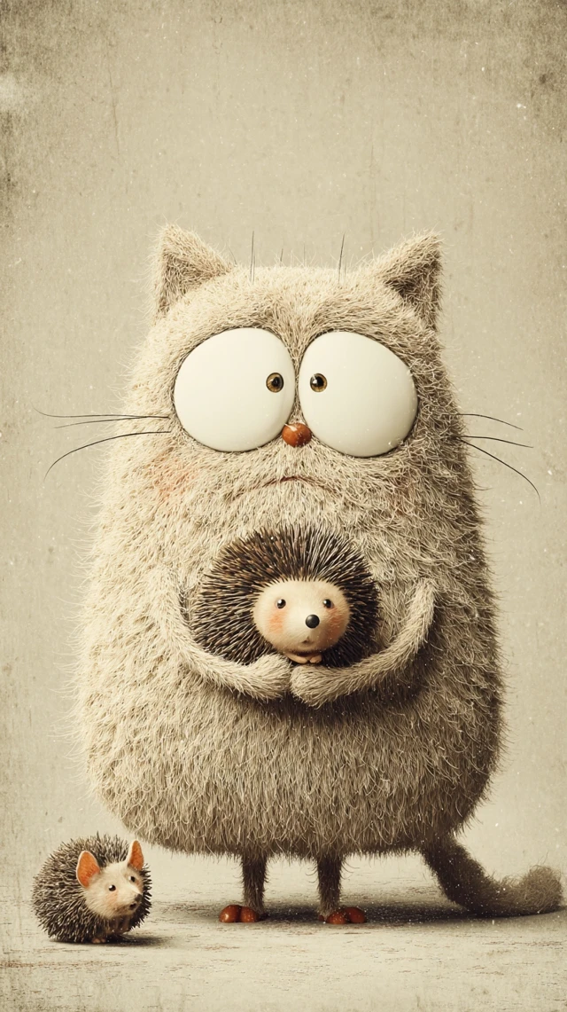 Funny 3D Cat with Hedgehog Playful Caricature