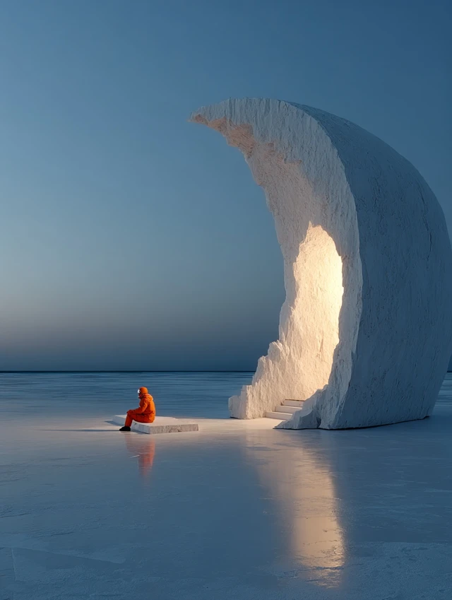 Moon Astronaut on Ice Lake Winter