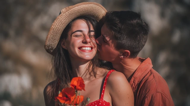 Romantic Couple Kissing in Poppy Field Valentines Day