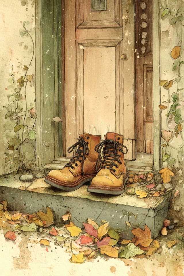 Vintage Boots and Autumn Leaves Watercolor Art