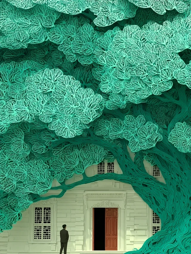 Paper Cutout Art of a Tree and House