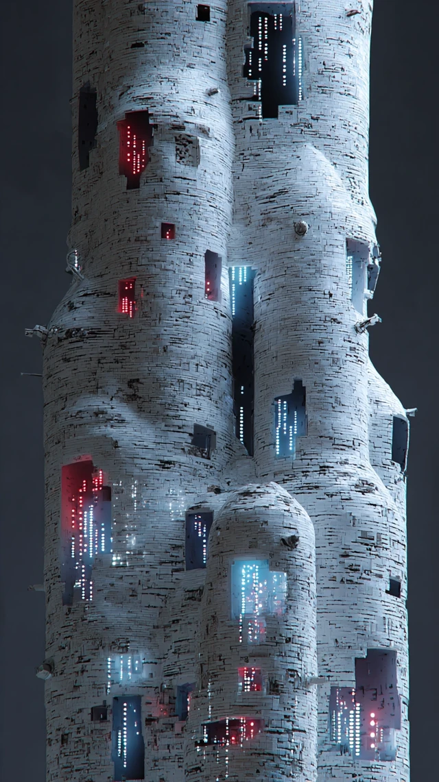 Glitch Tree Tower: Surreal 3D Digital Art