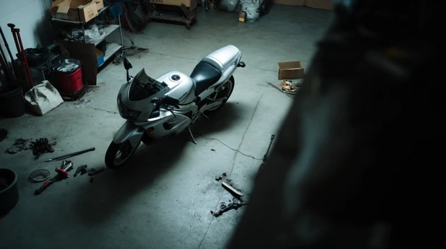 Broken Motorcycle in Garage