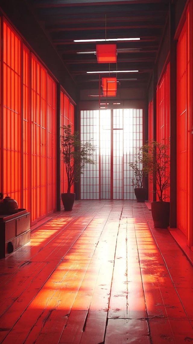 Japanese Hallway Minimalist Design Warm Red Lighting
