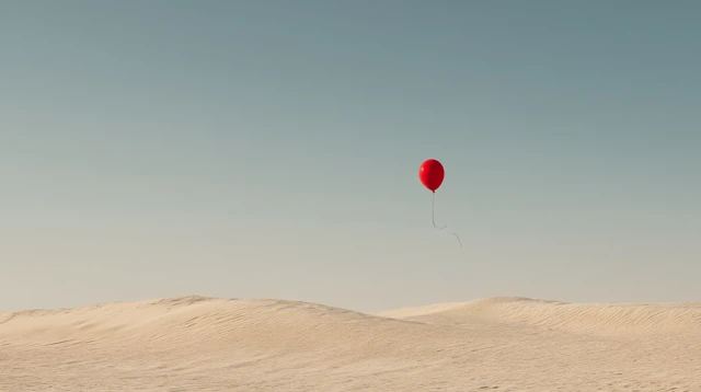 Red Balloon Floating in Desert Surreal Minimal