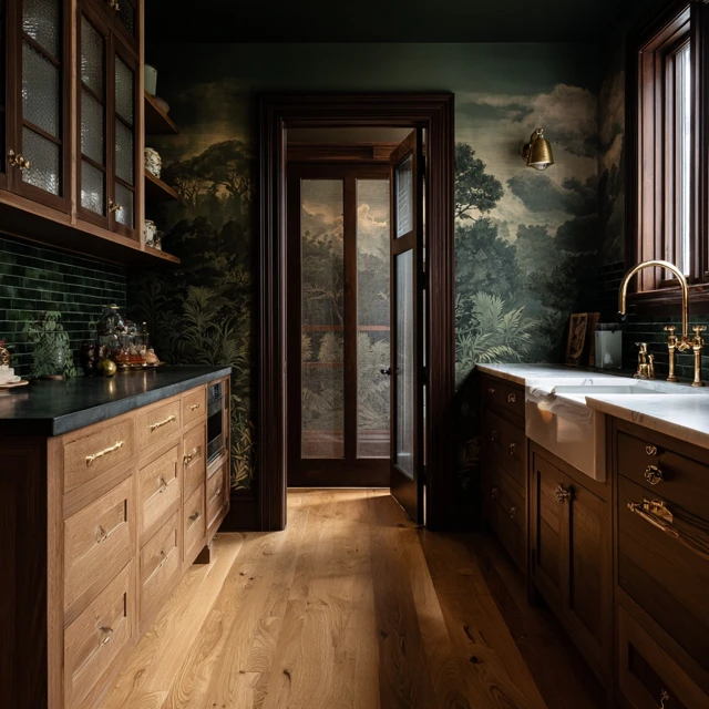 Elegant Pantry Design with Forest Wallpaper