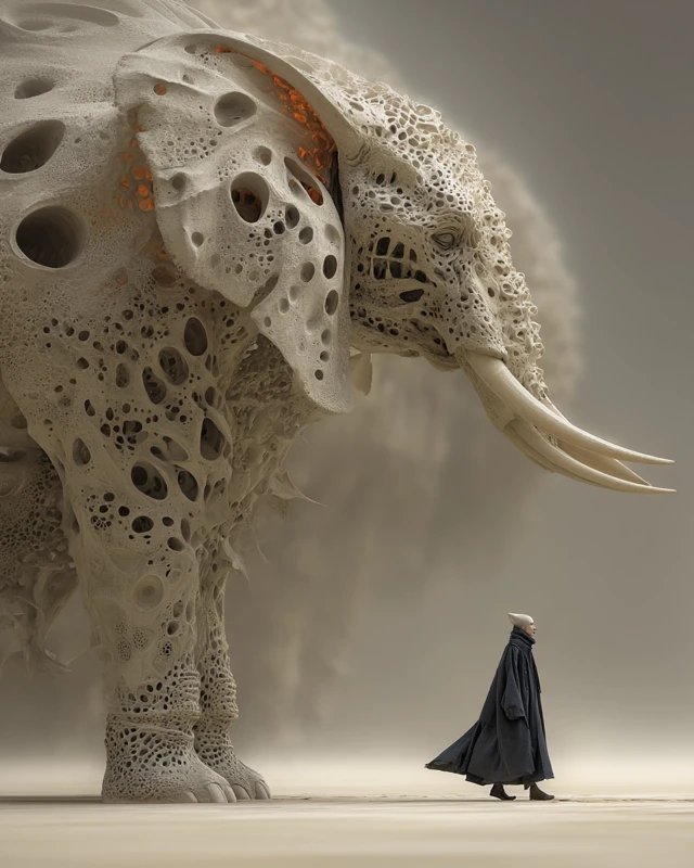 Surreal Elephant Creature and Figure in a Pale Plain