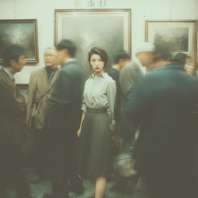 Exhibition Hall Scene Woman and Visitors