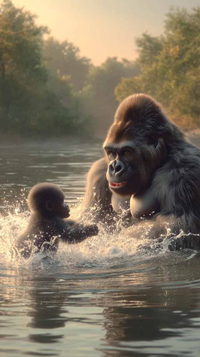 Gorilla Family Joyfully Playing in River