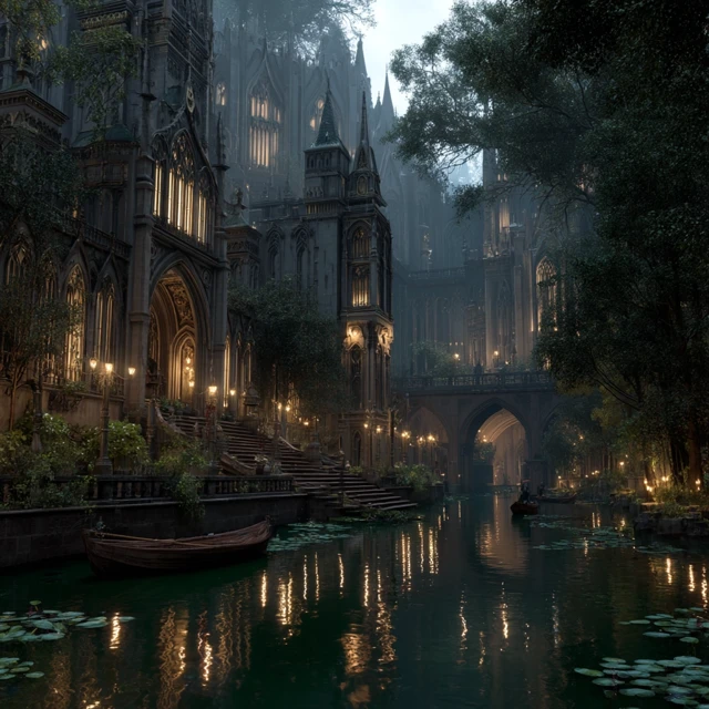 Gothic Fantasy Park with Dramatic Lighting and Architecture