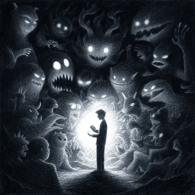 Dark Illustration: Man with Light vs. Monsters