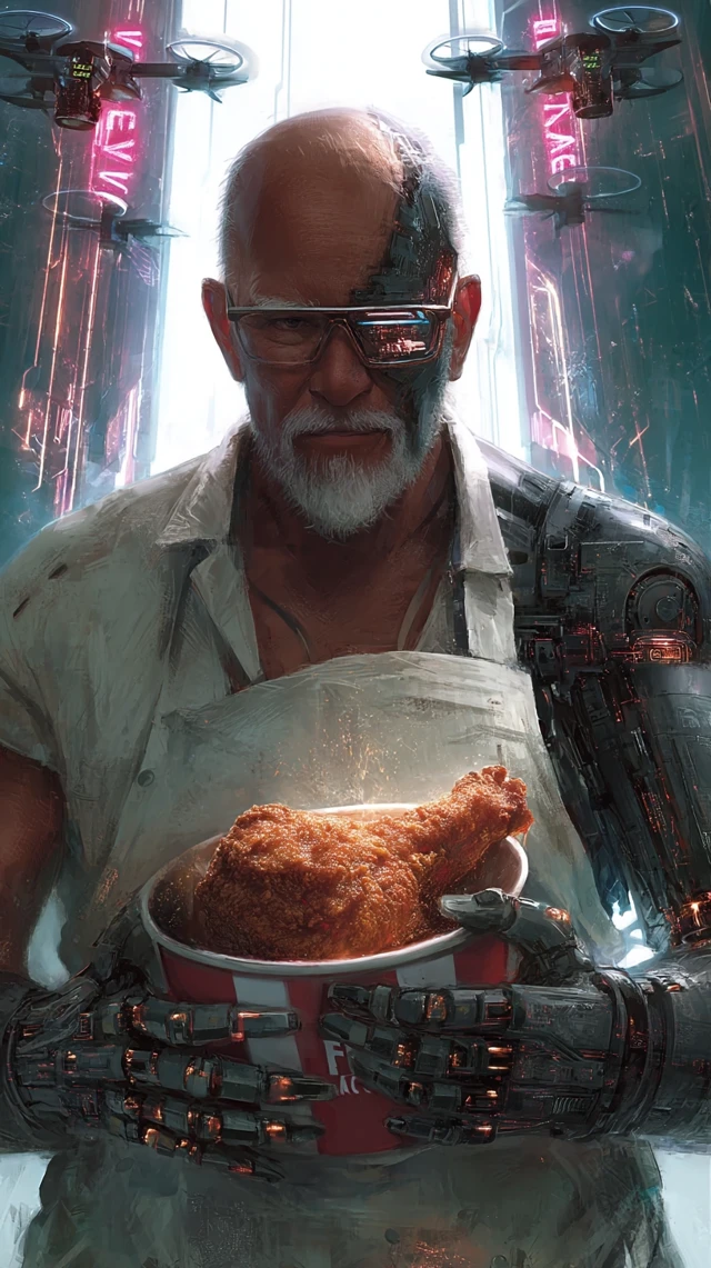 Cyberpunk Colonel Sanders: Fried Chicken in 2100