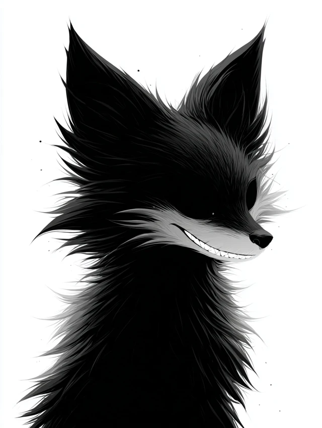 Cartoon Black Fox Silhouette with White Teeth