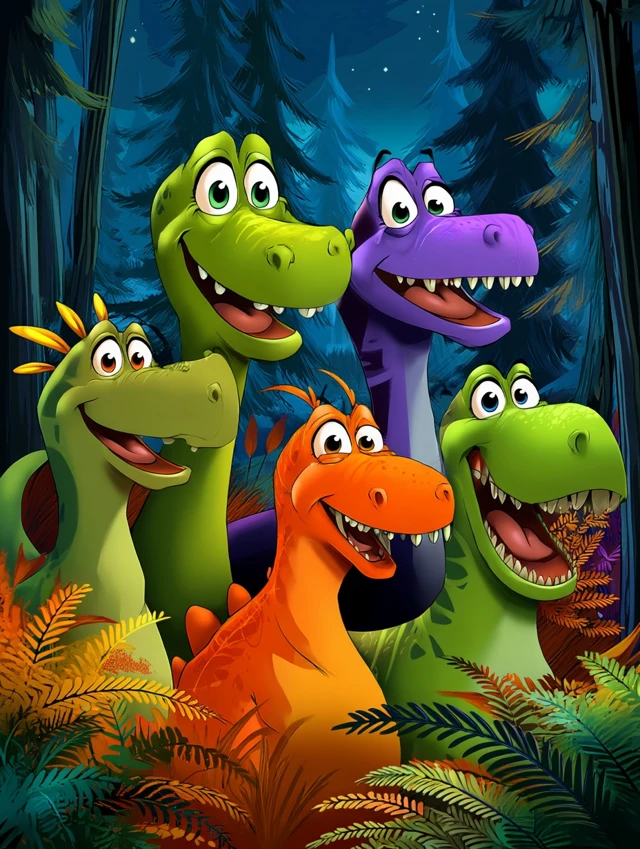 Cartoon Dinosaurs Smiling in a Forest