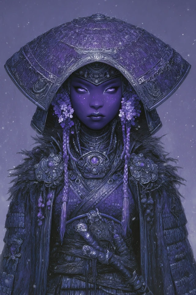 Gothic Samurai Woman in Violet Armor