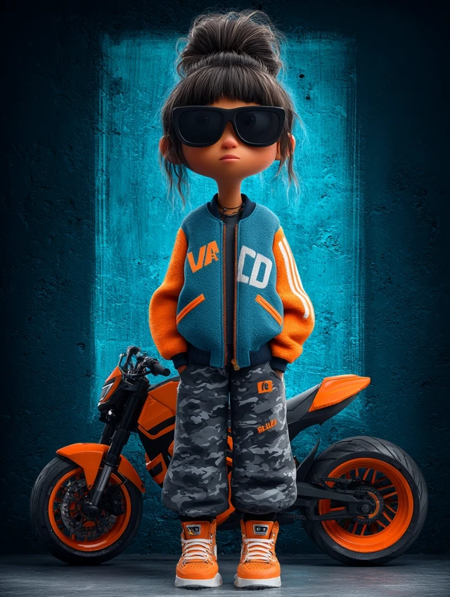 3D Cartoon Girl with Motorcycle Cool Pixar Style