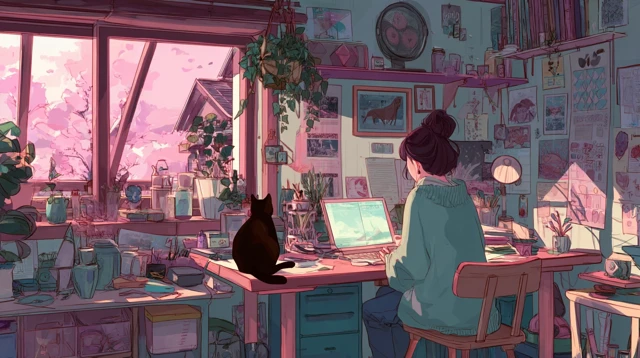 Cozy Room Anime Style Girl Working Laptop