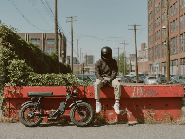 Urban Rider with Electric Bike in Industrial Setting
