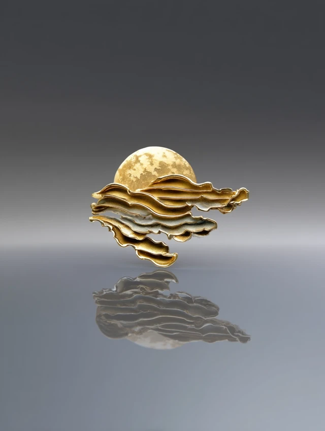 Gold Brooch Abstract Moon Rising Art Jewelry