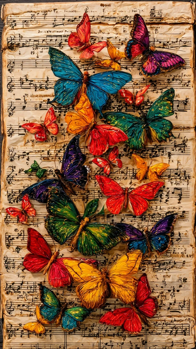 Butterflies on a Vintage Music Sheet Art