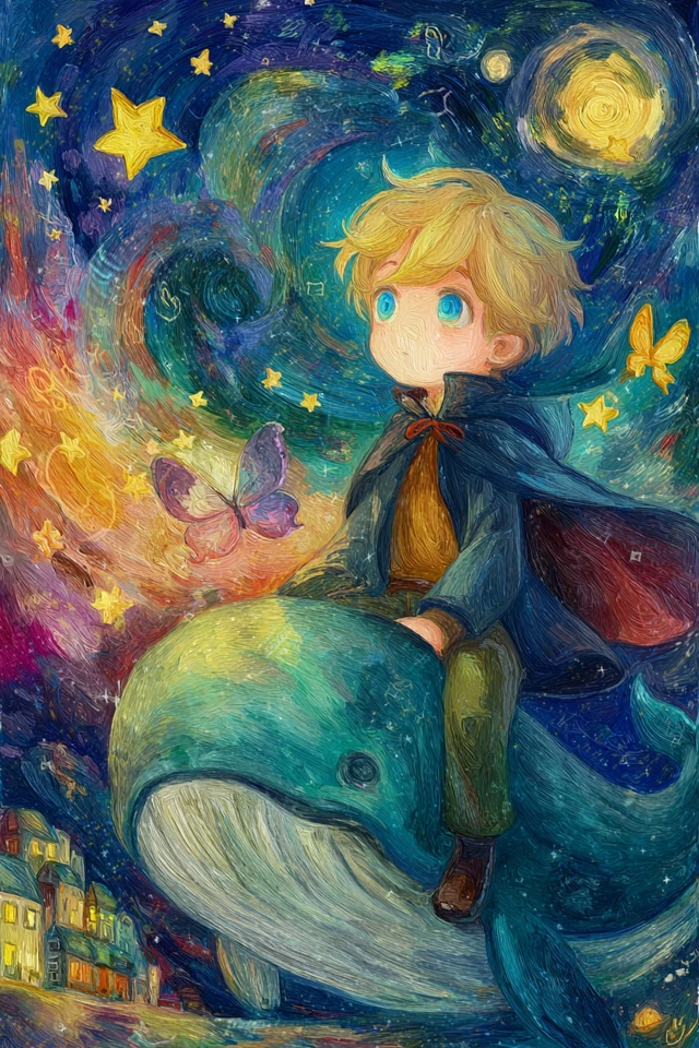 Little Prince on a Whale in Seoul Night Sky