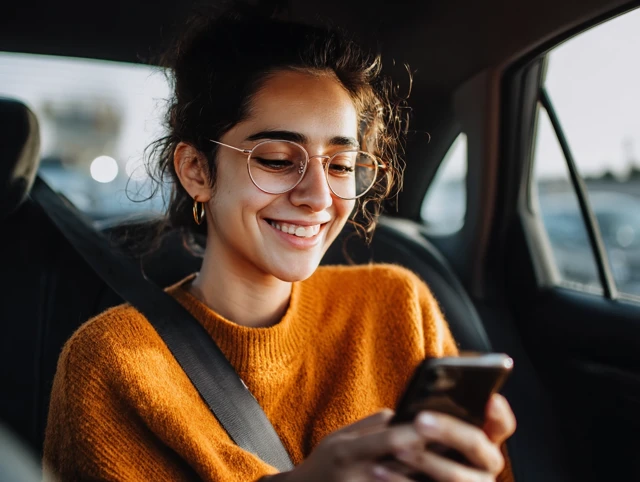 Young Woman Smiling at Phone in Car