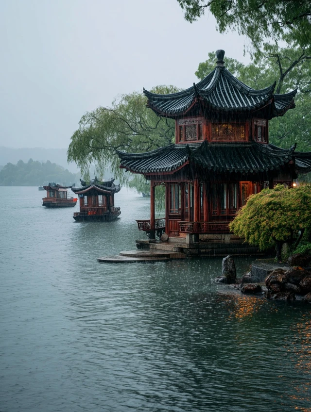 West Lake Rain Scene A Beautiful Chinese Landscape