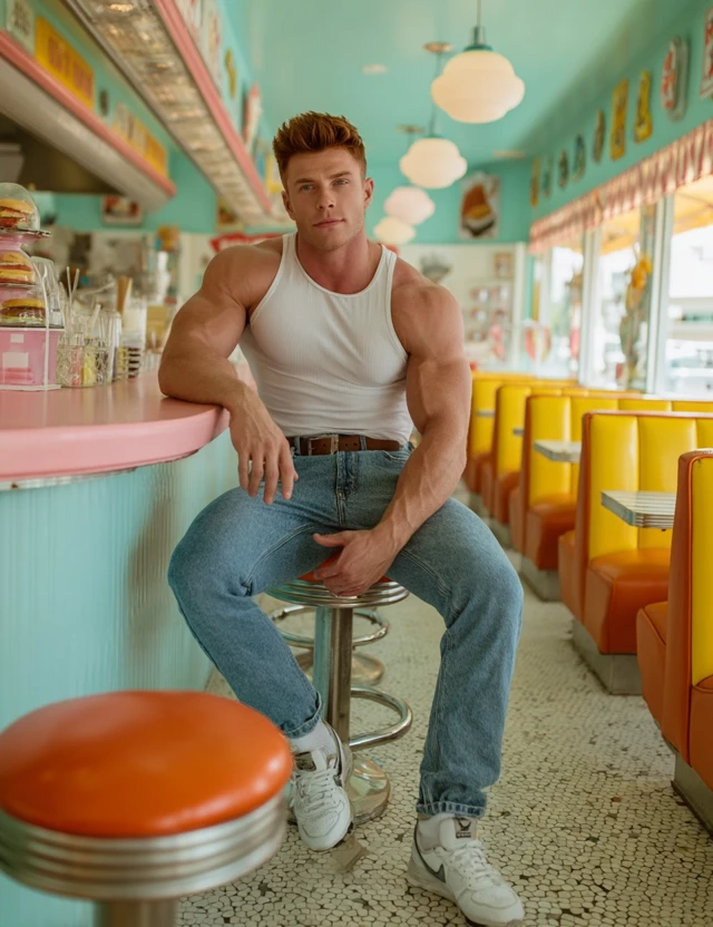 Muscular Man in Retro Diner Photo Shoot