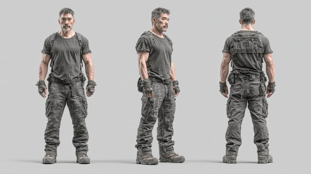 Asian Male Character Turnaround Sheet Photorealistic