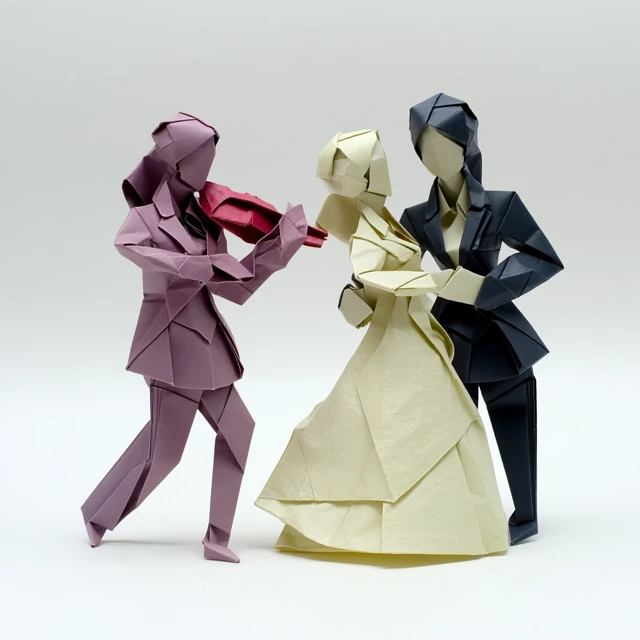 Origami of Business Woman Playing Violin and Couple Dancing