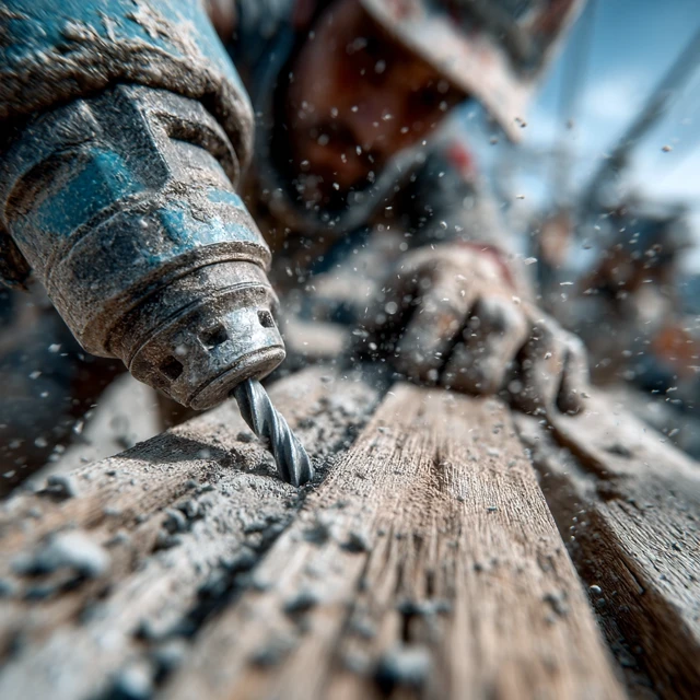 Construction Worker Drilling Wood 4K Photorealism