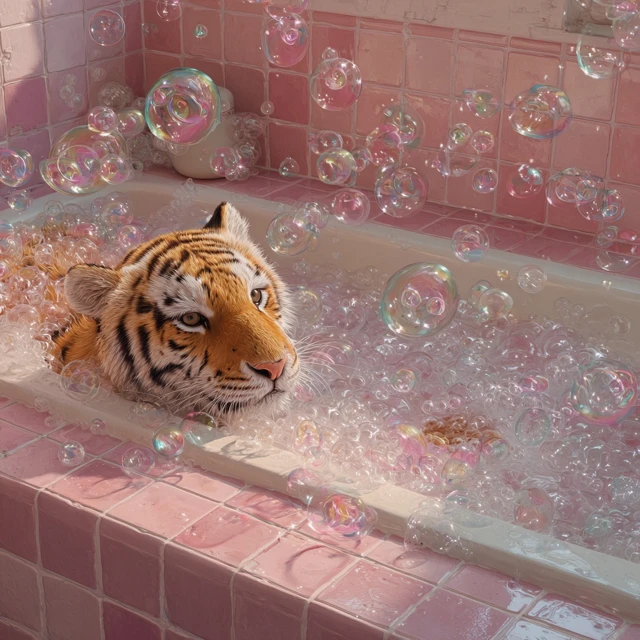 Cute Tiger in Bathtub Bubbles Oil Painting