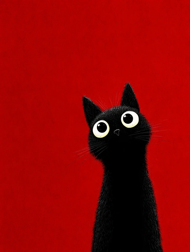 Cute Black Cat on Red Background Illustration
