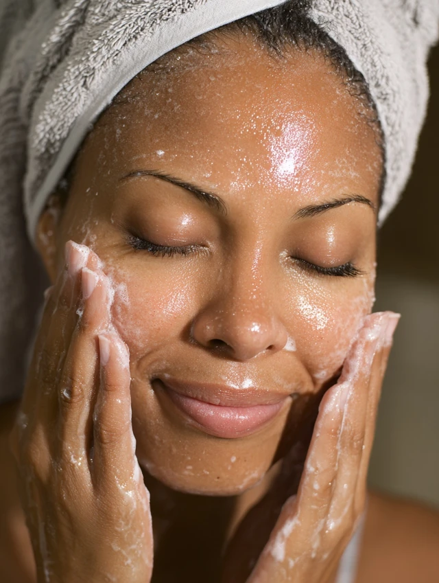 Skincare Routine African American Woman Washing Face